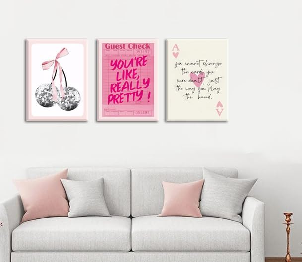 Pink Preppy Wall Art Framed Set of 3 Trendy Coquette Disco Cherry Posters Retro Guest Check Canvas Prints Poker Painting Positive Quote Pictures Room Decor Aesthetic for Girls Bedroom Dorm 16x24in