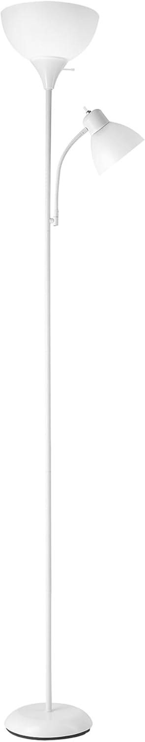 GLOBE Electric 67136 72" Torchiere Floor Lamp with Adjustable Reading Light, Matte White Finish, Frosted Shades, Rotary Switch on Socket, E26 Base