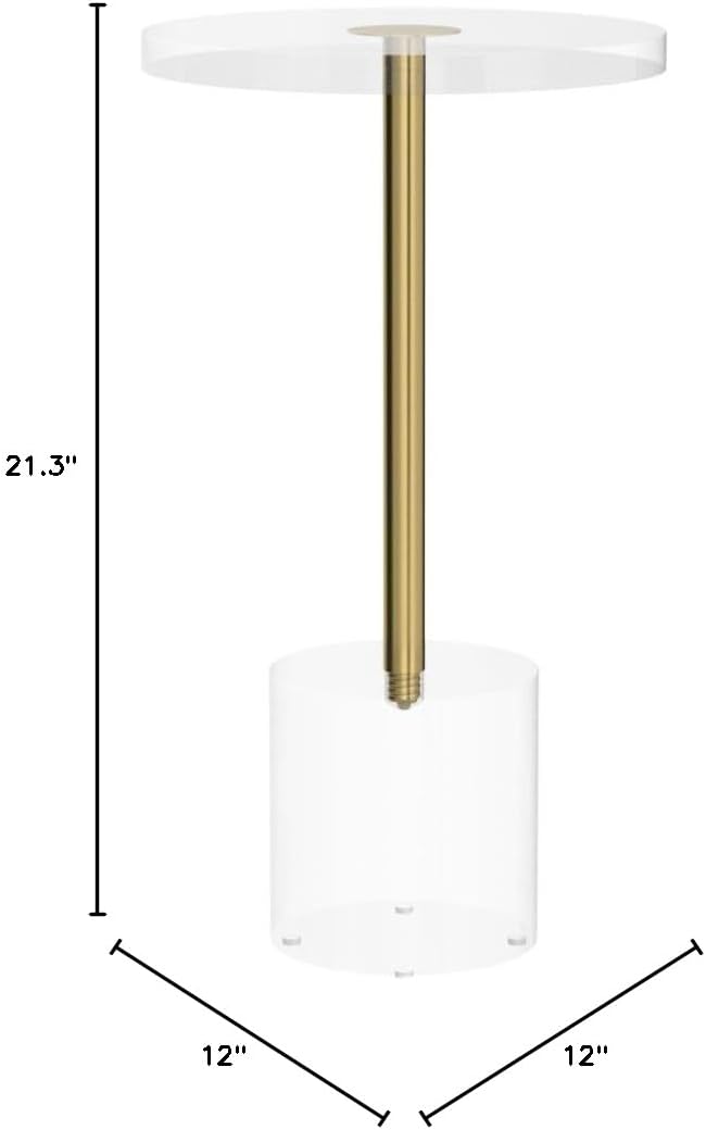 Clear Acrylic End Table,Side Table,Brushed Brass Metal,Round,for Office, Living Room and Bedroom,Easy Assembly,12x12 inch，21.3 inch high