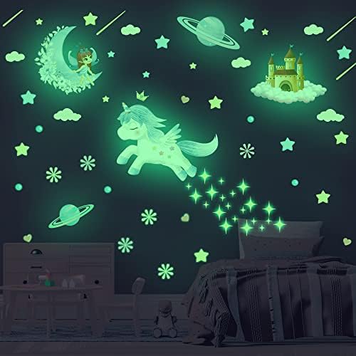 Glow in The Dark Fairy Unicorn Wall Decal Sticker, Girl Bedroom Star Rainbow Castle Princess Wallpaper Decoration, Glowing Moon Ceiling Decor
