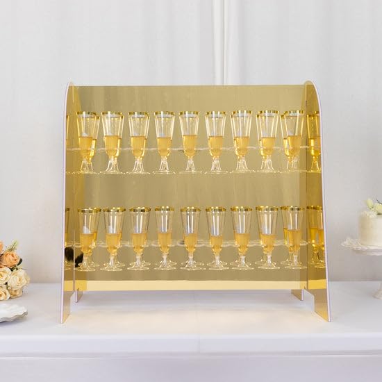 Tableclothsfactory Gold Mirror Finish 2-Tier Wine Glass Stemware Rack, 18 Champagne Flute Holder Foam Board Stand - 25" for Party & Decorations