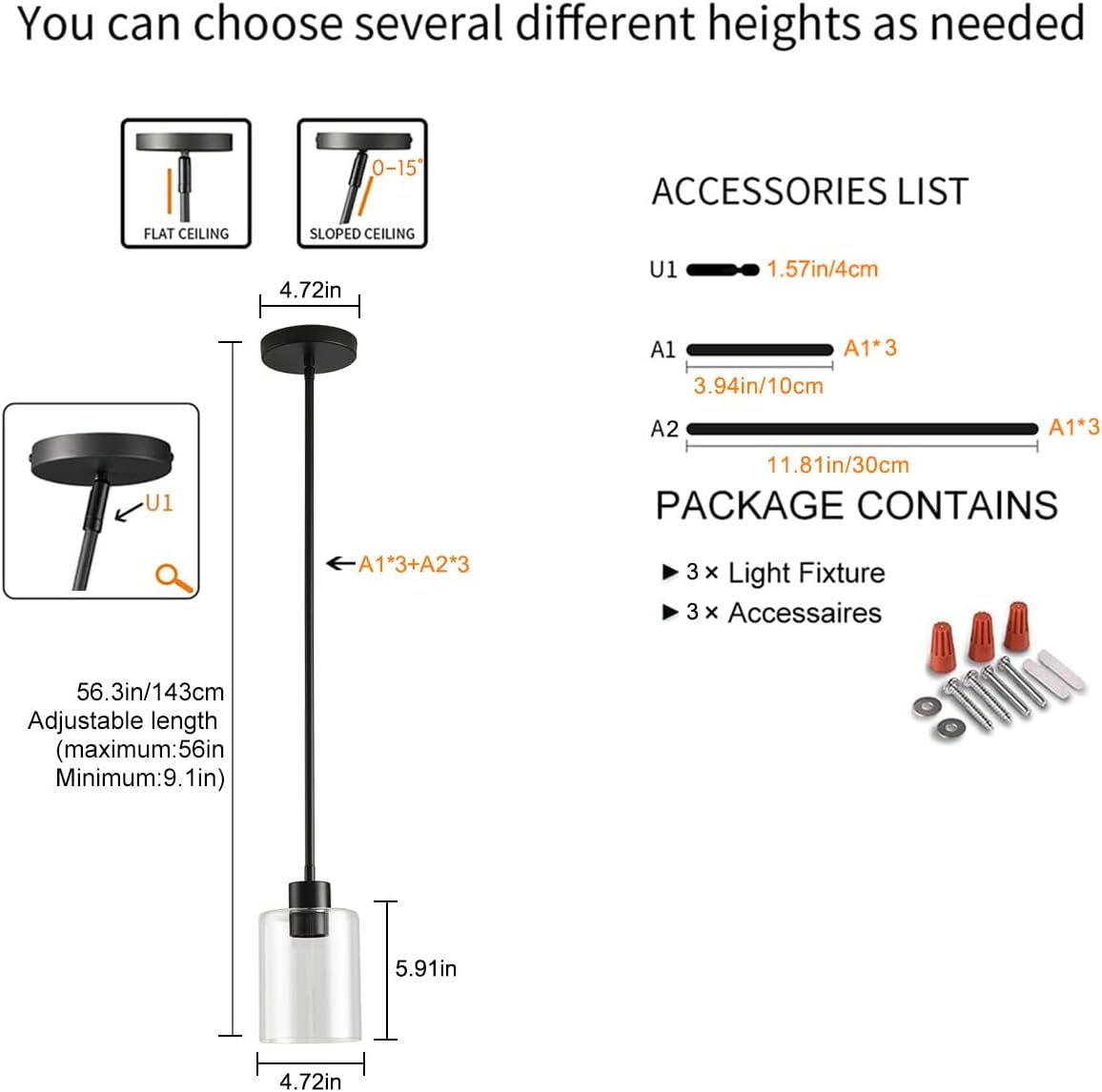 Black Pendant Lights Kitchen Island - Clear Glass Pendant Light Fixture Multiple Stems Rods 3 Units 12 Inch 3 Units 4 Inch (Black 3 Pack Stem Rod)