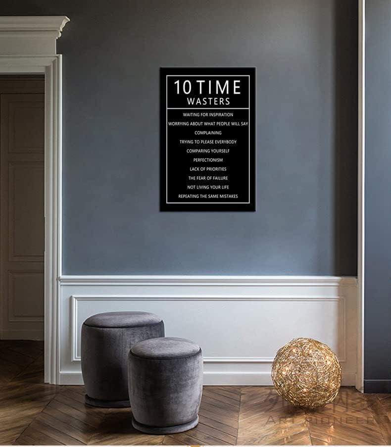 Inspirational 10 Time Wasters Wall Art for Office Motivational Positive Quote Canvas Poster Wall Decor Paintings Wooden Framed Artwork Living Room Bedroom Home Decoration Ready to Hang [24''W x 36''H]