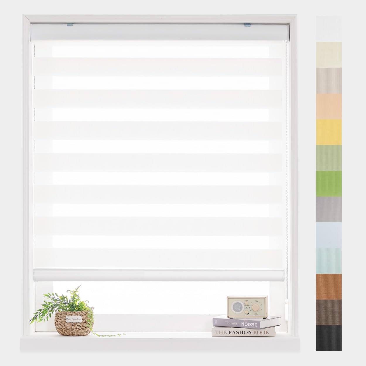 Foiresoft Standard Zebra Roller Blinds for Windows [W46 x H64 Inch, White, Basic], Light Filtering Dual Layer Shades for Bedroom, Living Room, Office, 13 Colors