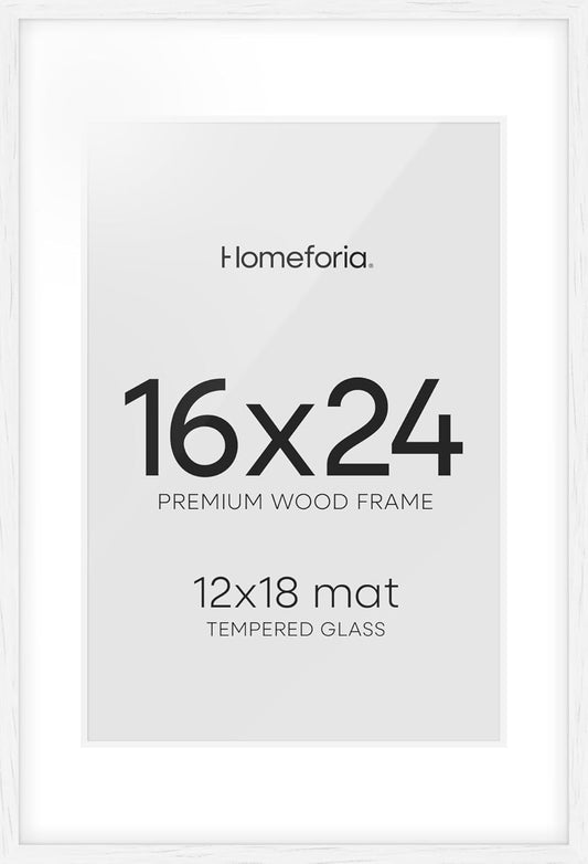 Homeforia White Picture Frame 16x24, High End Oak White 16x24 Frame with Mat 12x18 Photo, 16 x 24 Wooden Poster Frames Matted to 12 by 18, 24x16 Wood Hanging Frames, Tempered Glass, Wall Kit, Set of 1