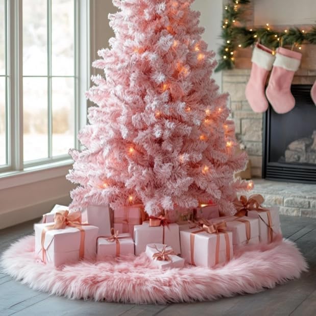 AOGU 36 Inch Faux Fur Christmas Tree Skirt Pink Plush Skirt for Merry Christmas Party Christmas Tree Decoration