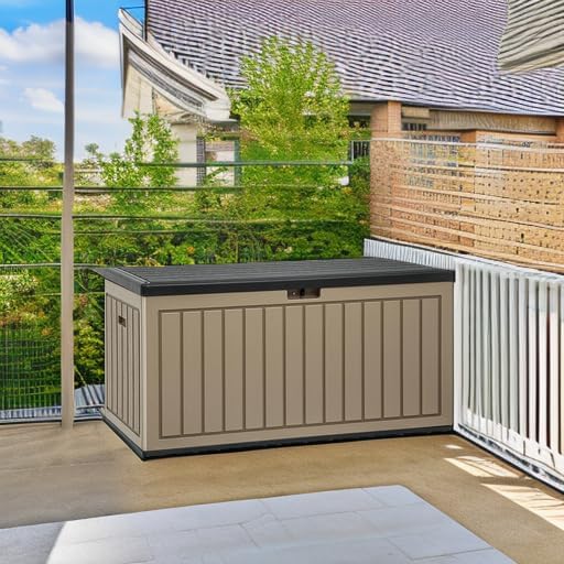 YITAHOME 90 Gallon Large Deck Box, Double-Wall Resin Outdoor Storage Boxes, Deck Storage for Patio Furniture, Cushions, Pool Float, Garden Tools, Lockable & Waterproof (Black&Brown)