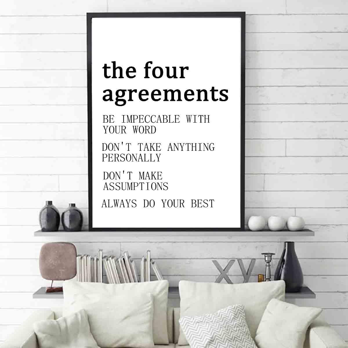 The Four Agreements Poster Inspirational Wall Art Black And White Quote Posters Positive Inspirational Wall Art Vintage Poster Motivational Painting Modern Canvas Minimalist Decor 16x24inch No Frame