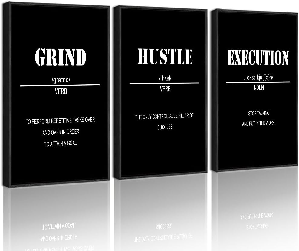 Drsoum Inspirational Office Framed Wall Art Motivational Grind Hustle Success Canvas Wall Decor Encouraging Quotes Sayings Paintings 3 Pieces Artwork Home Bedroom Easy to Hang 11x14in (Black Framed)