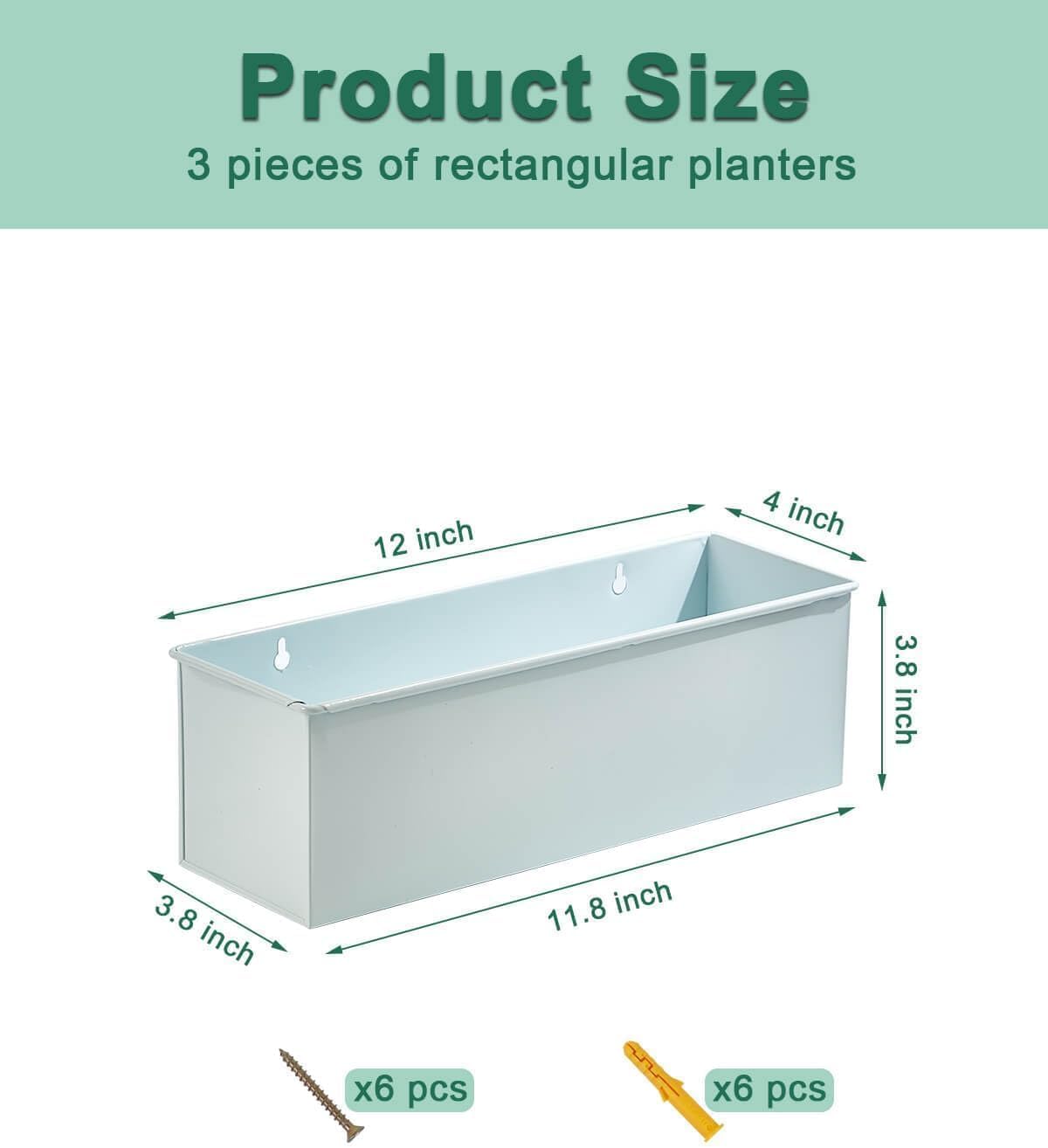 vensovo Metal Wall Hanging Planter Boxes – 12" Rectangle Flower Pots, 3 Pack with Drainage, Durable Galvanized Finish for Indoor Outdoor Balcony Fence Windowsill, White