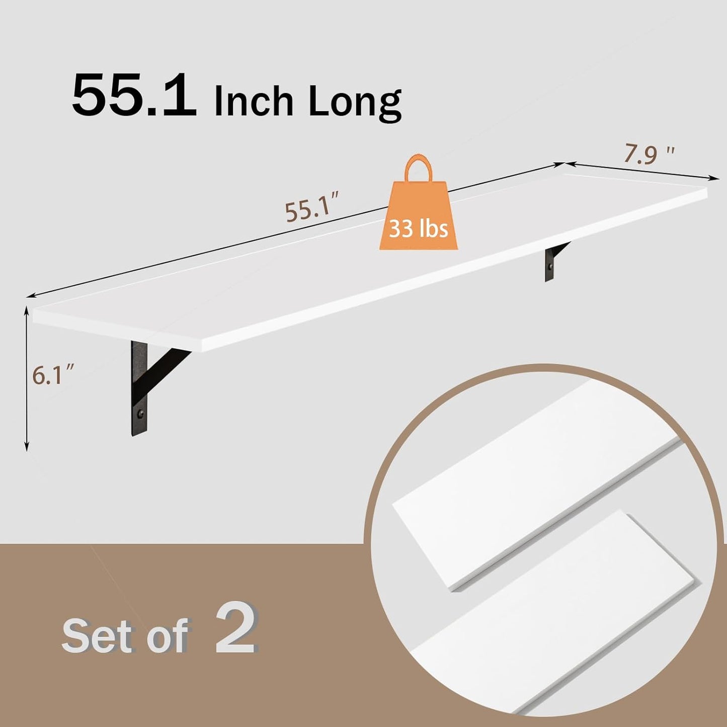 DINZI LVJ Long Wall Shelves, 55.1Inch Wall Mounted Shelves Set of 2, Extra Large Wall Storage Ledges with Sturdy Metal Brackets for Living Room, Bathroom, Bedroom, Kitchen, White