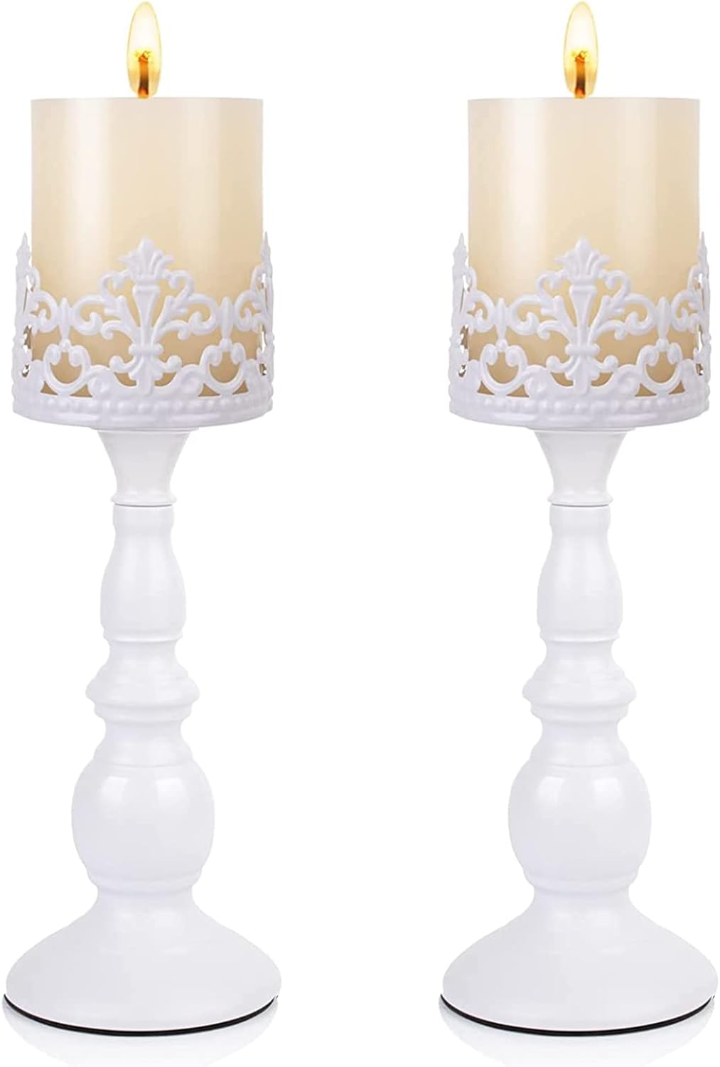 Candle Holders for Pillar Candles Gothic Matte Black Vintage Tall Candle Holders Set of 2 Decorative Large Table Centerpieces Candle Stand Decor (White 2PCS A)