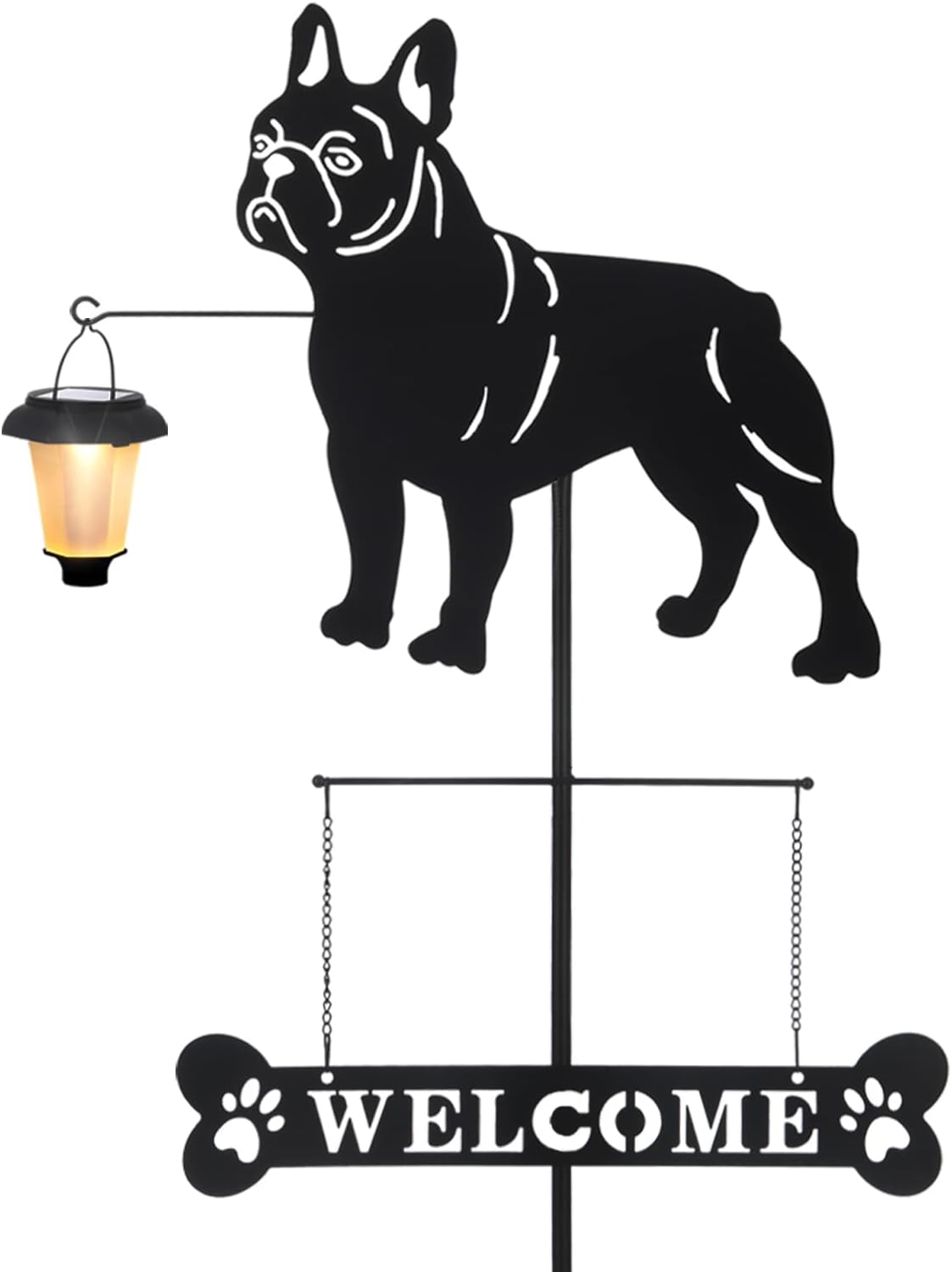BAYN Solar French Bulldog Silhouette Dog Breed Welcome Sign with a Lantern Outdoor Decorative Garden Stakes for Yard, Lawn, Patio, Pathway