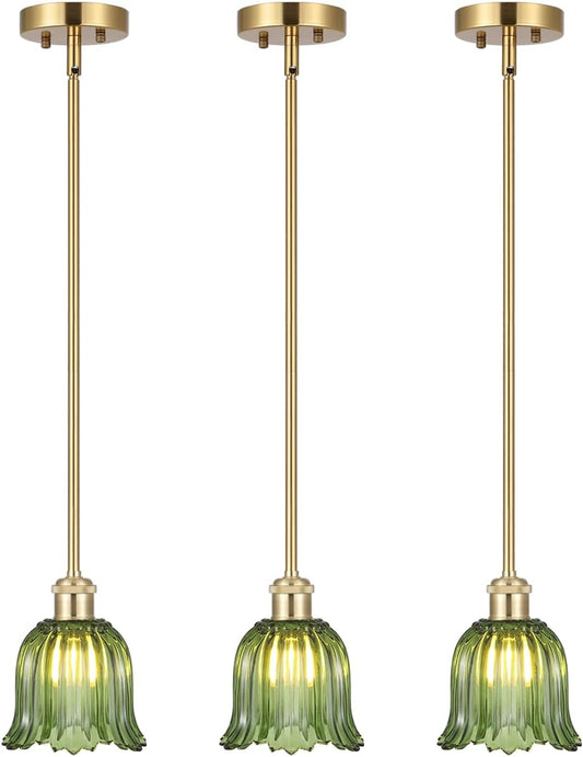 Modern Gold Pendant Light 3 Pack Brushed Brass Mid Century Chandelier Green Glass Shades Adjustable Rods Farmhouse Ceiling Hanging Lighting Fixture Kitchen Island Dining Room Bedroom