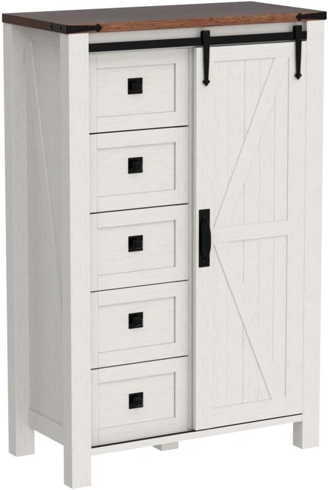 T4TREAM 5 Drawers Dresser for Bedroom w/Sliding Barn Door, Farmhouse Modern Tall Dresser 5 Chest of Drawers, Storage Organizer for Bedroom, Hallway, Living Room, Kids Room, Antique White