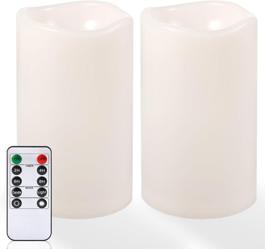 NURADA 6" x 4" Large Outdoor Flameless Candles - Waterproof LED Pillar Flickering Candle Battery Operated with Timer Remote Control for Patio Porch Lanterns Decor - Long Lasting Set of 2