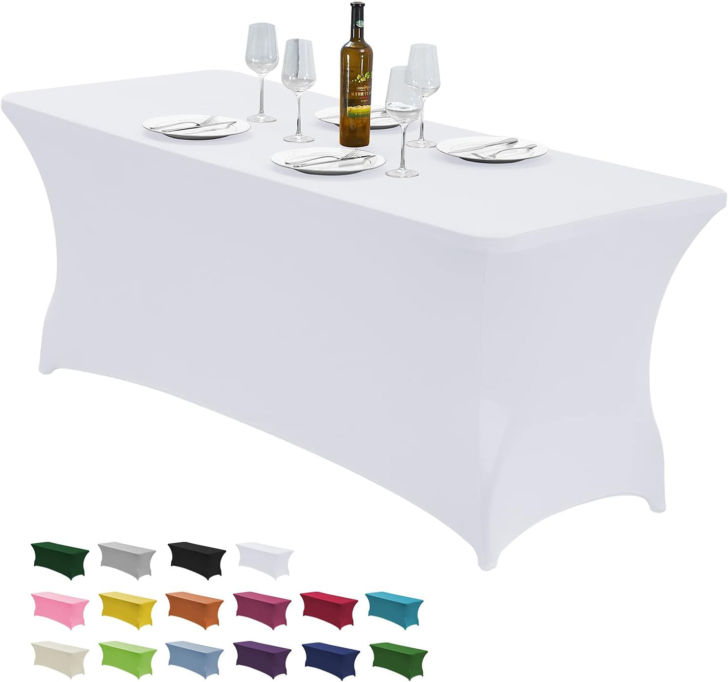 CWK 8FT Waterproof Stretch Spandex Table Cover for Rectangular Tables - Elastic Fitted Tablecloth for Folding Tables,Wrinkle Resistant Table Cloth for Parties, Weddings, Banquets & Events (White)