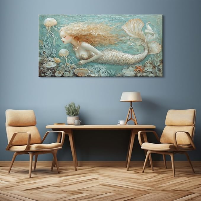 LASMOND Ocean Mermaid Wall Art for Girls Room Modern Canvas Prints Marine Organism Underwater World Sea Creatures Artwork Paintings Women Bedroom Wall Decor (58x28 Inches)
