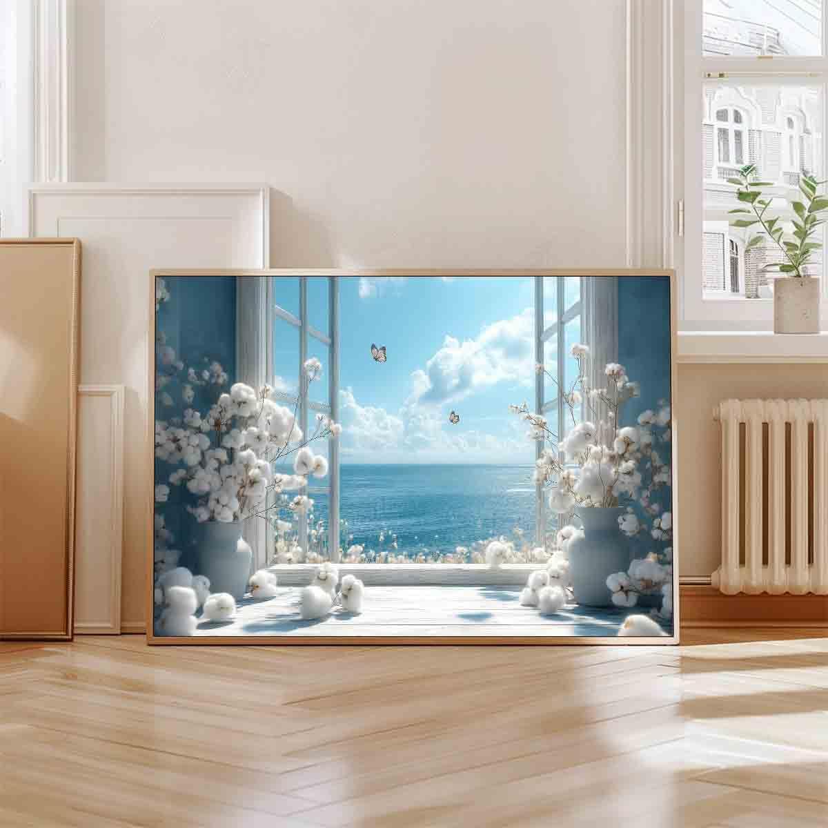 Open Window Canvas Wall Art Cotton Bouquet Wall Art White Flower Painting Blue Sea Picture Coastal Flower Painting Still Life Pictures Relaxing Living Room Decor 16x24inch No Frame