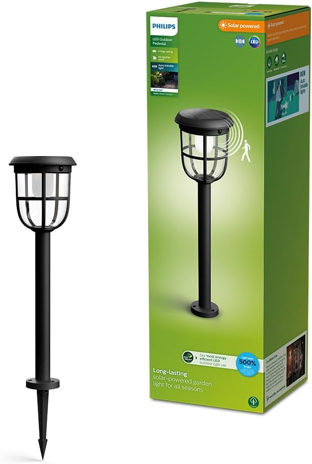 Philips Solar LED 1-Pack Ultra-Efficient Pathway Light - Radii, Automatically Linkable, Dusk to Dawn, Motion Sensor, 3000K Bright White Light, IP44, Black