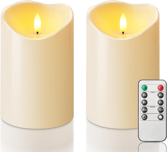 Homemory 4"x6" Outdoor Waterproof Flameless Candles with Timers and Remote Control, Battery Operated Candles, LED Plastic Candles, Dark Ivory, Set of 2