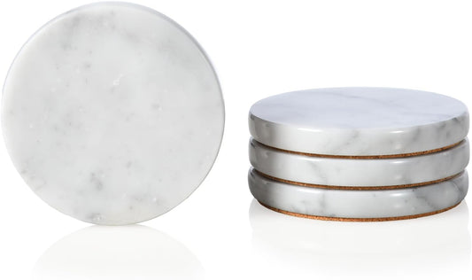 Real Natural Marble Coasters Set of 4, Carrara White Limestone 4 Inch/10 cm, Modern Round Stone, Trendy Drink Coasters for Coffee Table, Kitchen Decor, Office