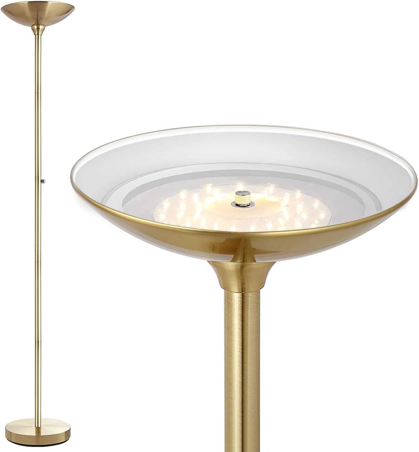 BoostArea Torchiere Floor Lamp Gold, 30W Super Bright LED Standing Lamp, 3000K Stepless Dimmable Pole Lamp with Rotary Switch, 70 Inch Tall Metal Modern Floor Lamps for Living Room/Bedroom/Office/Den