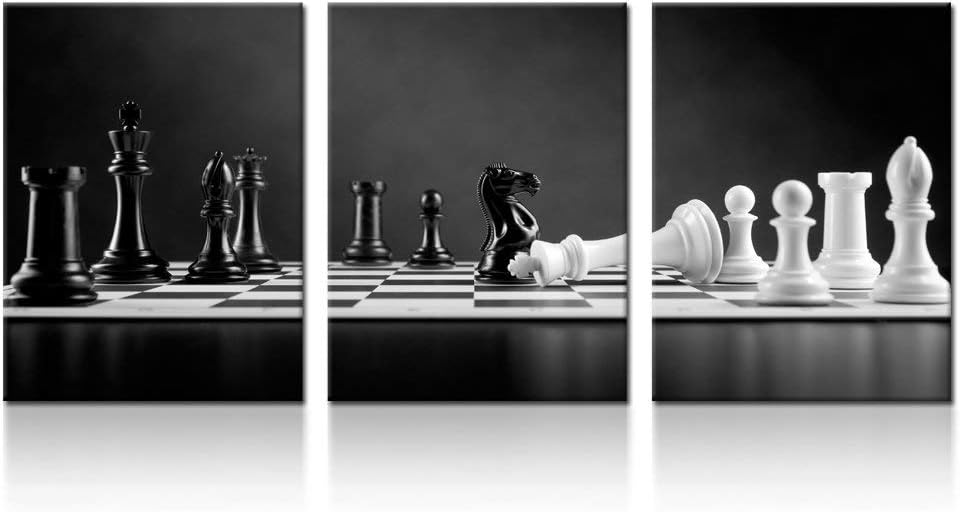 iKNOW FOTO 3 Panel Modern Black and White Chess Board Canvas Wall Art Poster Prints Checkmate Move on Chessboard Pictures Still Life Painting Framed Giclee Artwork for Office Decor 12x16inchx3pcs