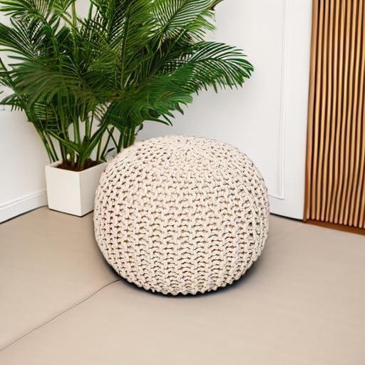 REDEARTH Round Pouf Ottoman - Cable Knitted Boho Poof - Home Décor Cord Pouffe Handmade Circular Footrest for Living Room - Bedroom - Kids Bedroom - 100% Cotton Pouf (19.5"x19.5"x14") - Ivory
