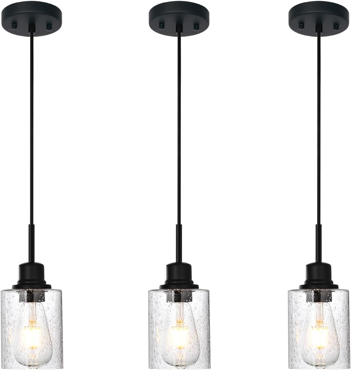 Modern Farmhouse Mini Chandeliers 3 Pack Black Pendant Lights Kitchen Island with Seeded Glass, Dining Room Lighting Fixtures Hanging Ceiling for Sink Bar Hallway Porch Corridor Bedroom