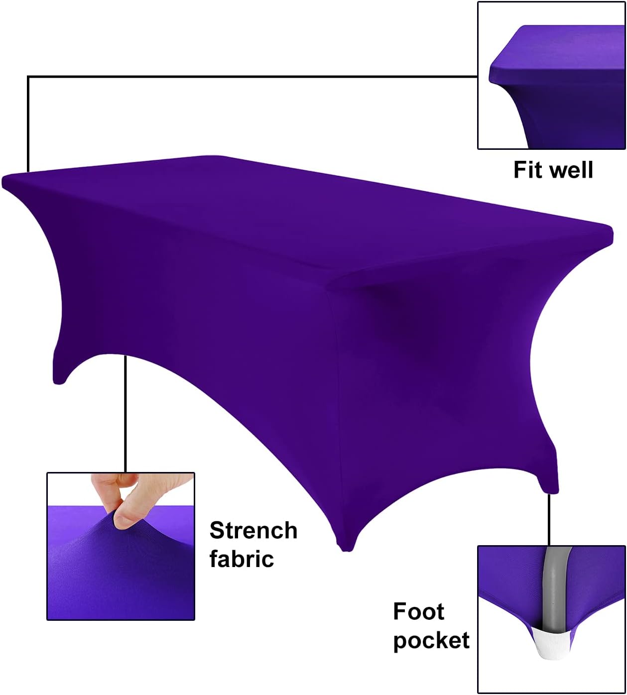 2Pack Spandex Waterproof Table Covers 8ft，Spandex 8ft Waterproof Table Cover for Party,Wedding, Banquet, and Events(Purple)