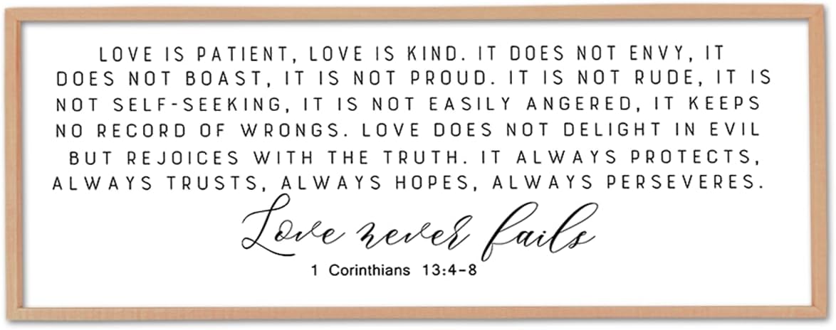 Love is Patient Kind Sign Wall Art 40"X15" 1 Corinthians 13 Bible Verse for Bedroom Above Over Bed Christianity Large Wood Framed Wall Hanging Decor (Wood）