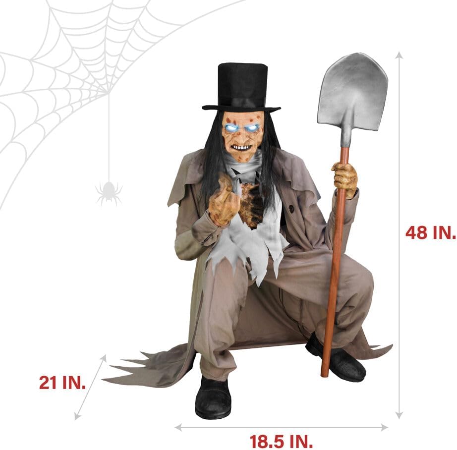 Haunted Hill Farm Motion-Activated Crouching Grave Digger by Tekky, Talking Halloween Animatronic for Indoor or Covered Outdoor Creepy Halloween Decorations, Plug-in or Battery Operated Fright Props