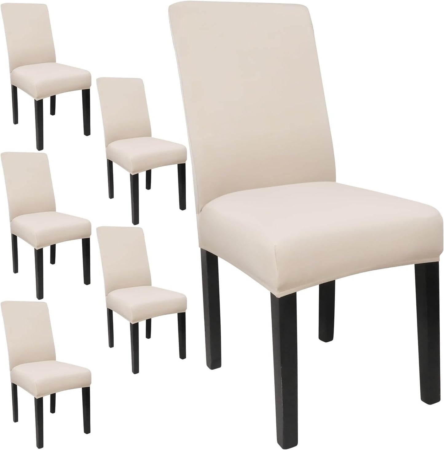 JQinHome 6 Pcs Dining Chair Slipcover,High Stretch Removable Washable Chair Seat Protector Cover for Home Party Hotel Wedding Ceremony (Beige White)