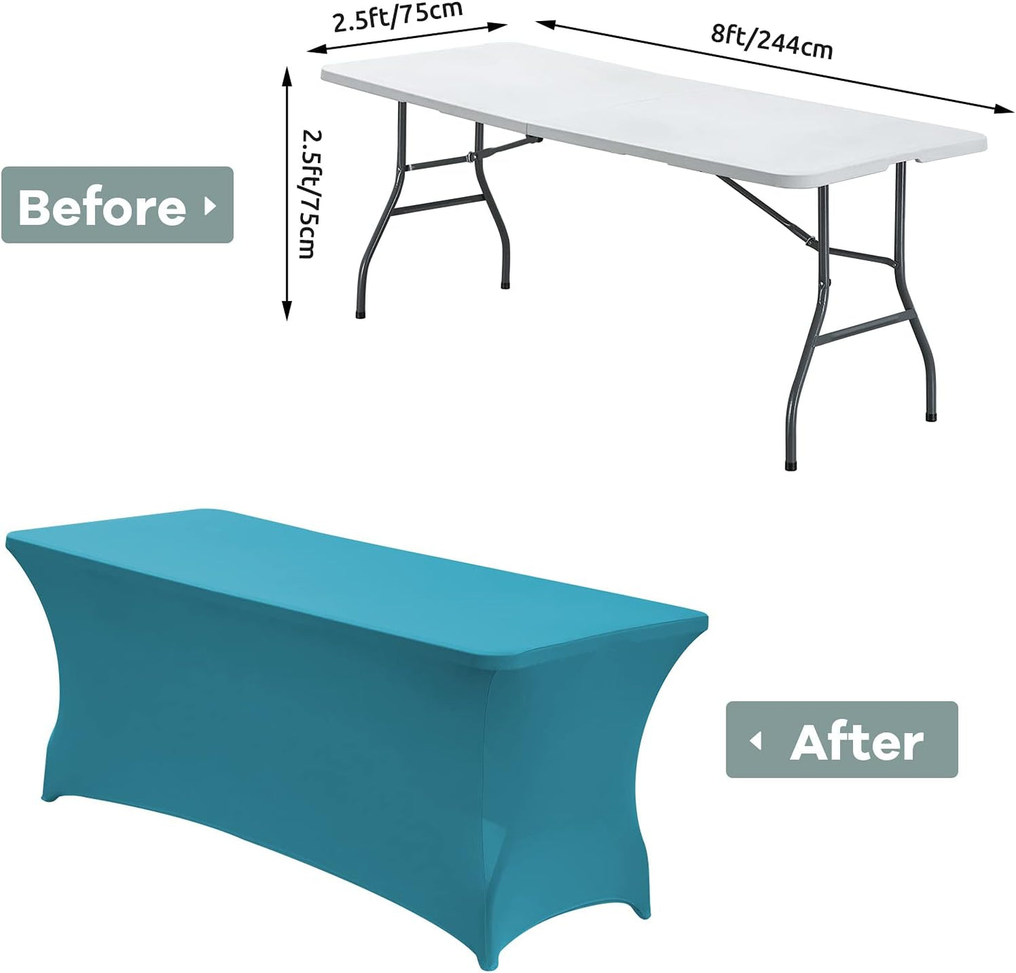 CWK 8FT Waterproof Stretch Spandex Table Cover for Rectangular Tables - Elastic Fitted Tablecloth for Folding Tables,Wrinkle Resistant Table Cloth for Parties, Weddings, Banquets & Events (Teal)