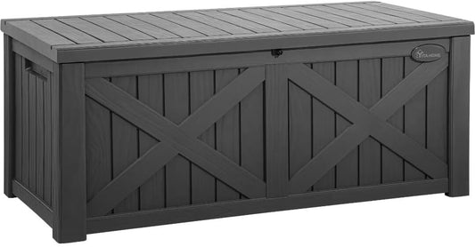 YITAHOME 120 Gallon Large Outdoor Storage Box with X-Shaped Front, Waterproof Resin Deck Box Cushion Storage Bench for Patio, Pool Supplies, Garden Tools - Lockable, Dark Gray