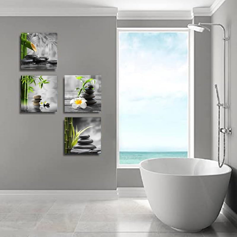 Bamdeya Zen Bathroom Decor Black and White Wall Art Grey Green Room Decor Stone Bamboo Pictures Canvas Meditation Posters Prints Artwork Bedroom Wall Decor Living Room Kitchen Decorations