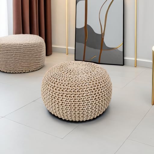 REDEARTH Round Pouf Ottoman - Hand Knitted Cable Boho Poof Home Décor Pouffe Circular Footrest for Living Room - Nursery - Bedroom - Lounge 100% Cotton (18”x18”x14”) - Beige Ivory