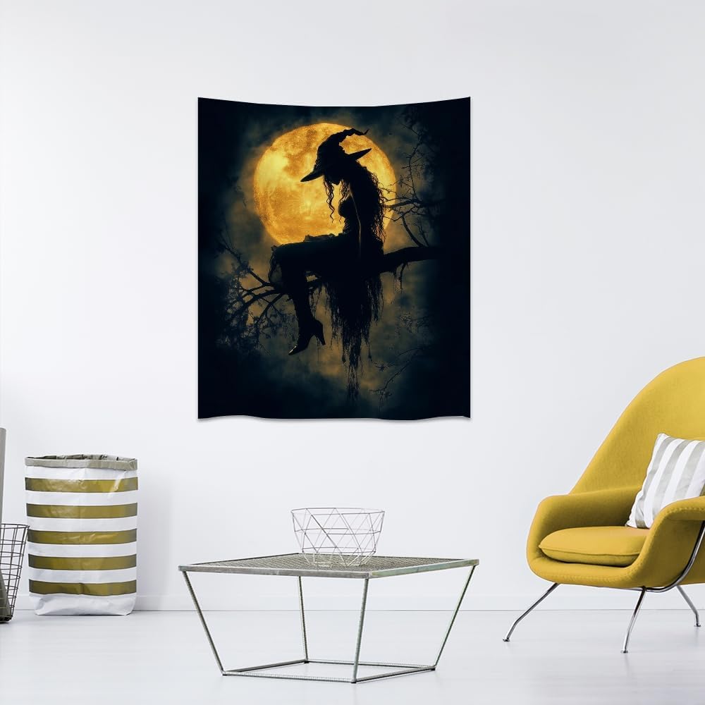 Halloween Witch Tapestry Wall Art Witchcore Moon Aesthetic Print Dark Academia Gothic Tapestries Wall Hanging Horror Ghost Halloween Party Decor for Home Living Room Bedroom 40x60inch