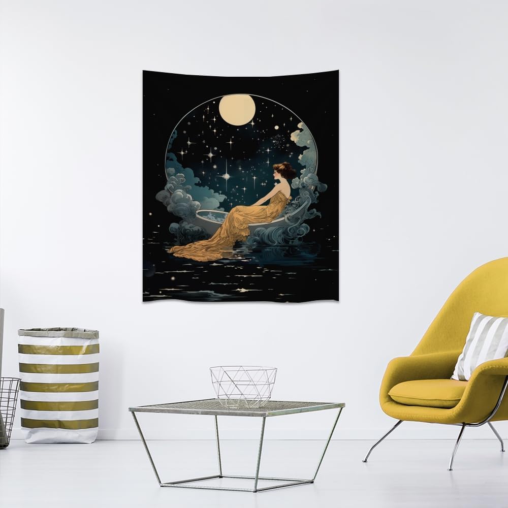 Dark Academia Tapestry Celestial Moonlit Bathing Lady Print Trendy Aesthetic Gothic Wall Hanging Vintage Art Nouveau Tapestries Wall Decor for Bedroom Living Room Dorm 70x90inch