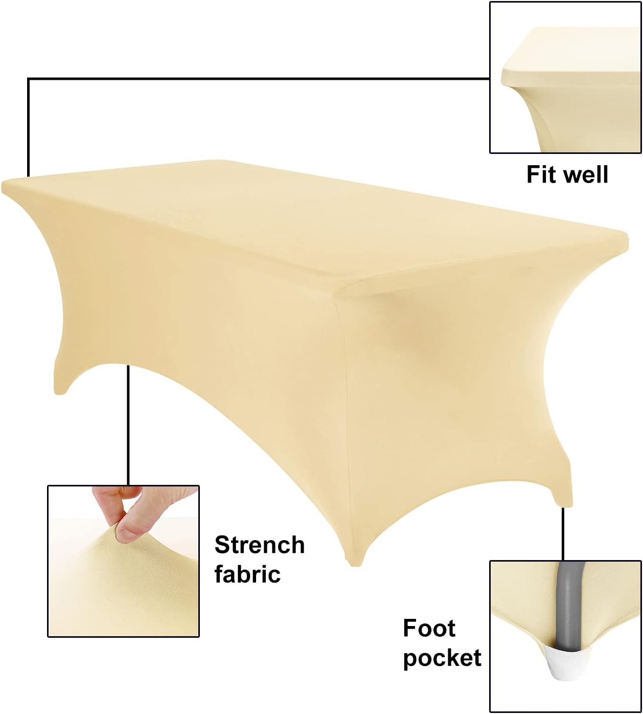 4Pack Spandex Waterproof Table Covers 8ft，Spandex 8ft Waterproof Table Cover for Party,Wedding, Banquet, and Events(Champagne)