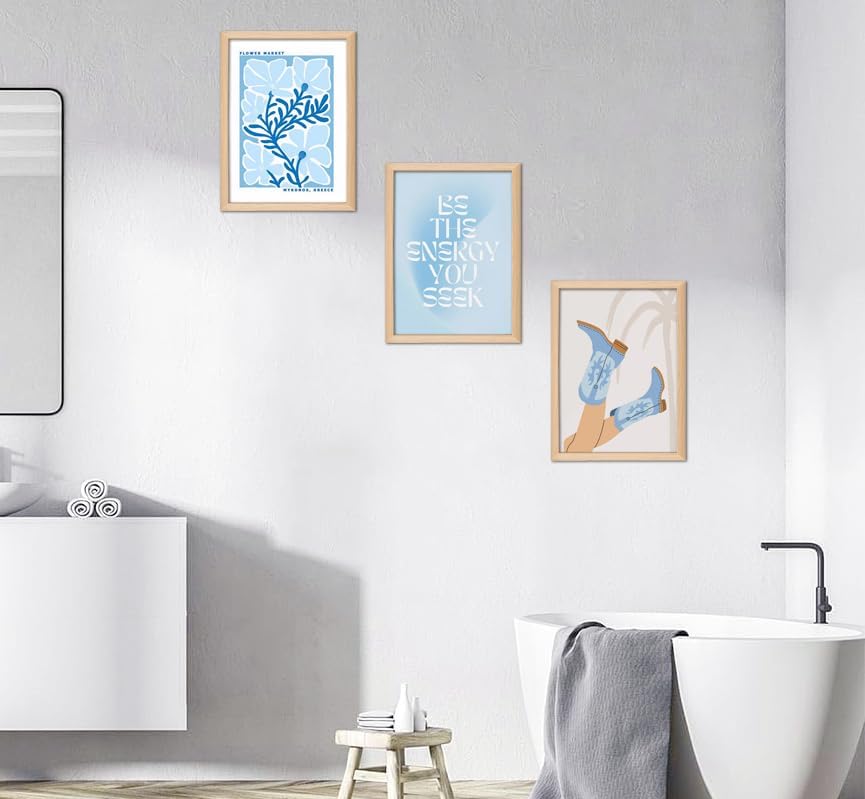 Blue Preppy Canvas Wall Art Set of 3 Trendy Cowgirl Boots Home Decor Flower Market Posters Prints Coastal Aesthetic Painting Picture for Girls Bedroom Bathroom Living Room Dorm 16x24Inch Wood Framed