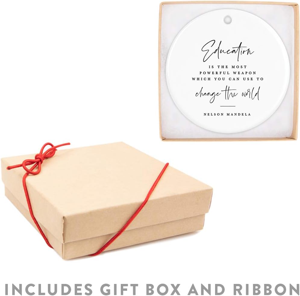 Andaz Press Round Ceramic Porcelain Christmas Tree Ornament for Teacher Thank You Graduation Gift, Education is The Most Powerful Weapon Which You can use to Change The World, Nelson Mandela, 1-Pack