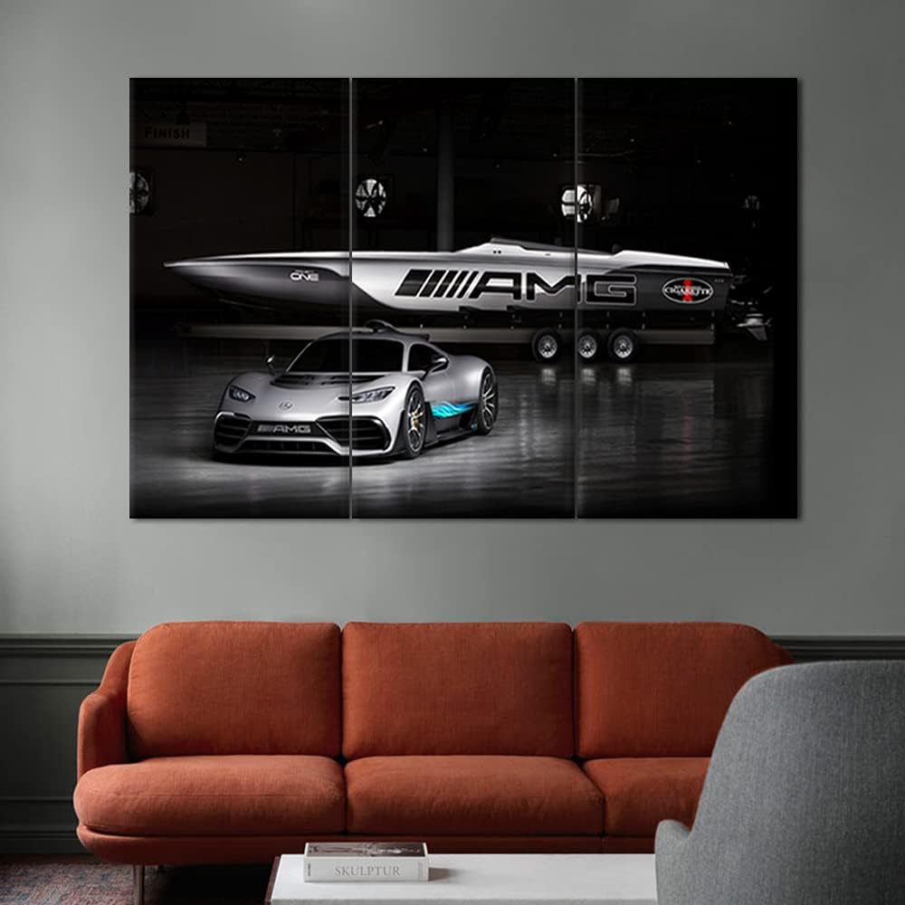 TUMOVO Sports Car Canvas Wall Art 3D Model Design On Black Background Picture Painting for Home Decoration Stretched Canvas and Ready to Hang - 28 x 14inch x 3 Panels