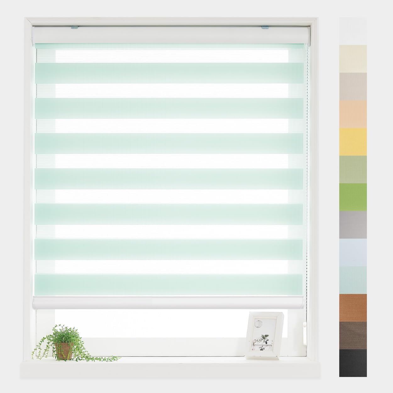 Foiresoft Standard Custom Zebra Roller Blinds for Windows [W10–105 x H10–115 Inch, Mint, Basic], Light Filtering Dual Layer Shades for Bedroom, Living Room, Office, 13 Colors
