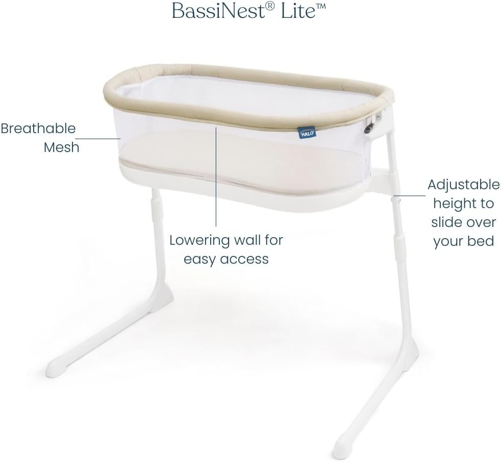 HALO® BassiNest® Lite – Breathable Baby Bassinet Slides Over Bed with Mesh Walls for Airflow & Visibility, Lowering Wall for Easy Access, Portable & Lightweight, Fits Most Beds