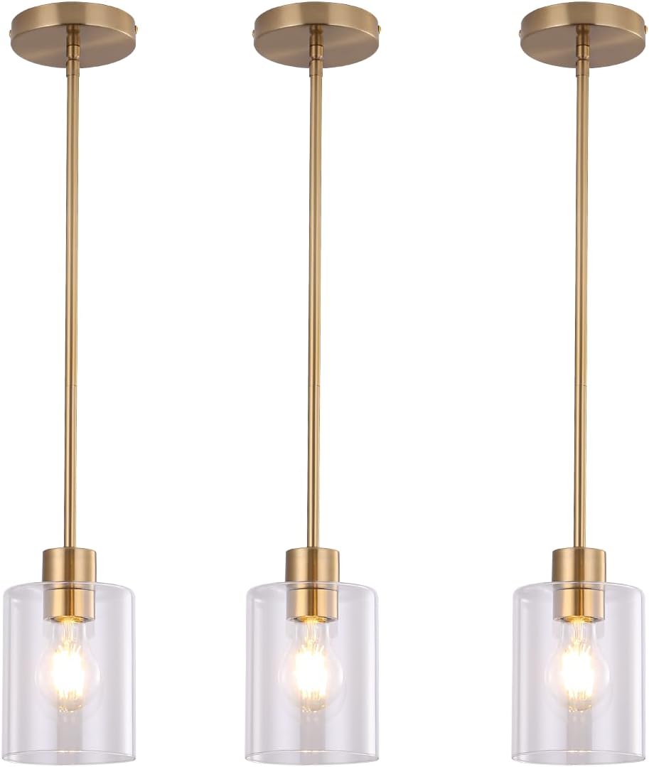 Brass Pendant Lights Kitchen Island - Gold Clear Glass Pendant Light Fixture Multiple Stems Rods 3 Units 12 Inch 3 Units 4 Inch (3 Pack Brass)