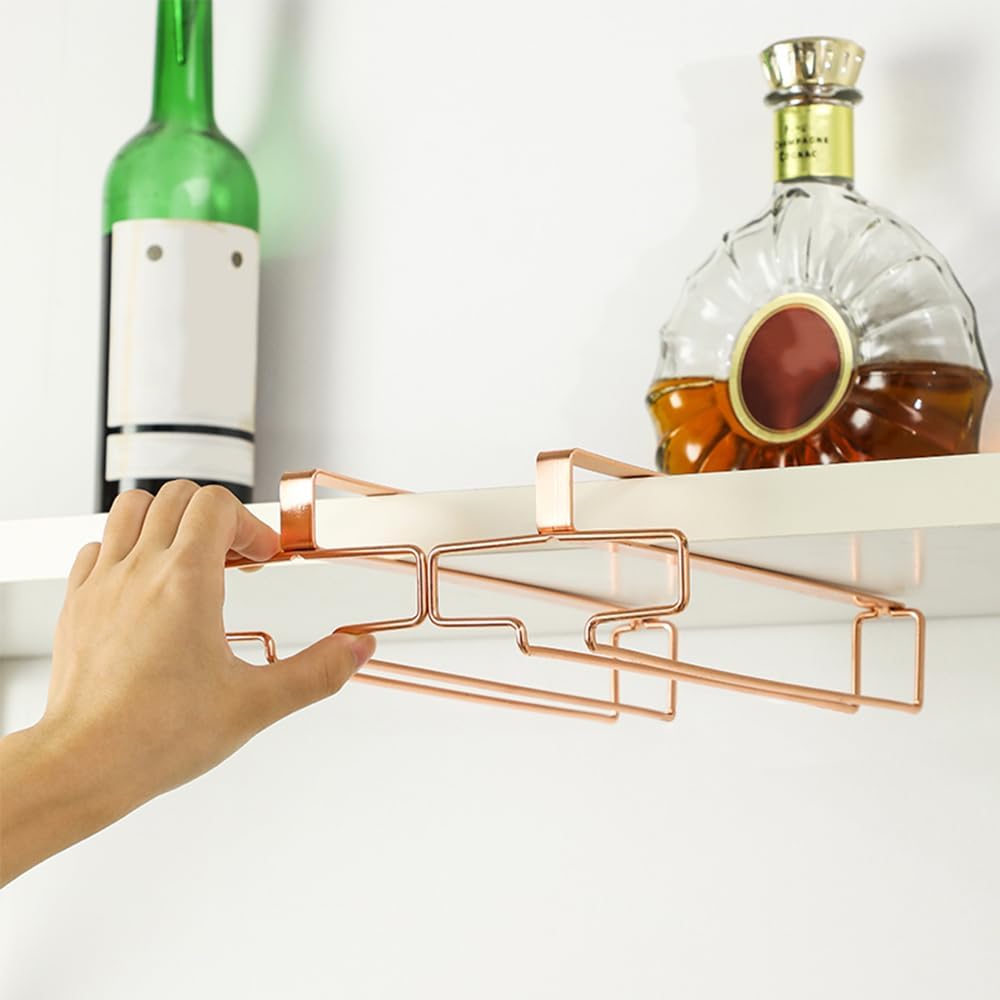 LINFIDITE 2 Pack Under Cabinet Wine Glass Rack Rose Gold Wine Glass Holder Stemware Rack Hanger Kitchen Hanging Storage Rack Organizer