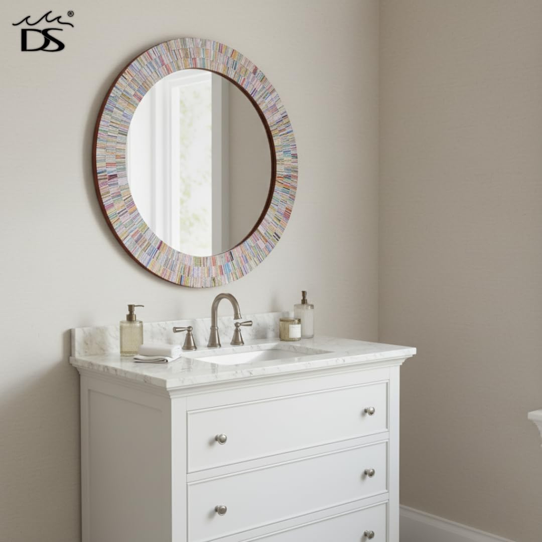 Bohemian Rainbow Wall Mirror -Glass Mosaic Mirror Decorative Wall Mirror, Multi Color Spectrum Wall Mountable, 24" Multi-Color Round Framed Mirror