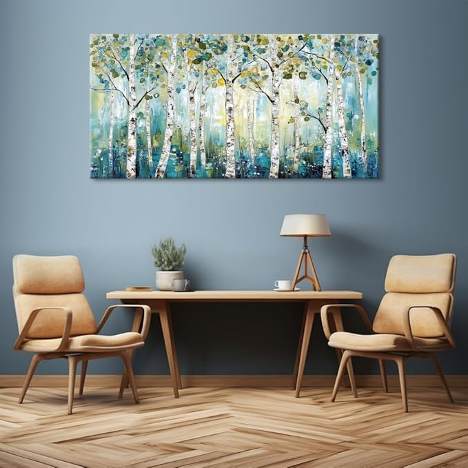 LASMOND Abstract Teal Grove Canvas Paintings Prints Modern Tree Wood Artwork Decor Wall Art for Living Room Bedroom Offices (46x23 Inches)